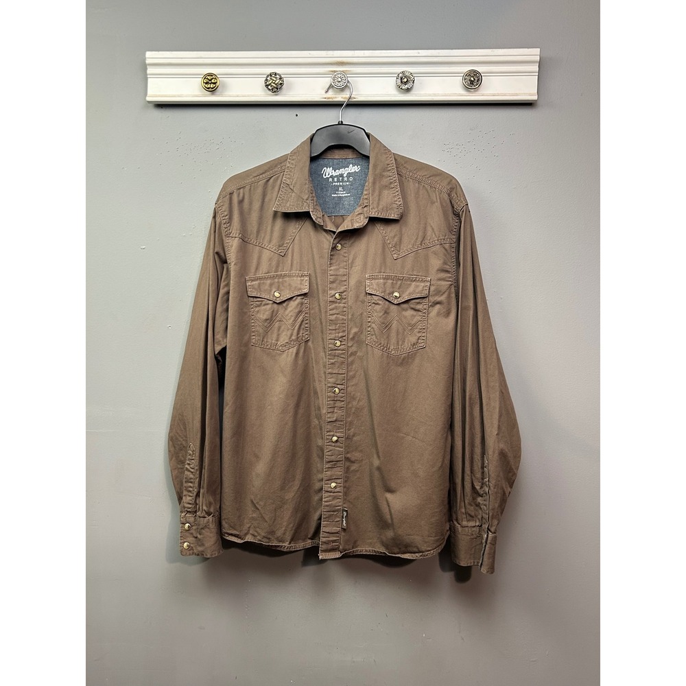 Wrangler Western Shirt Men XL Brown Retro Premium Pearl Snap Rodeo Cotton